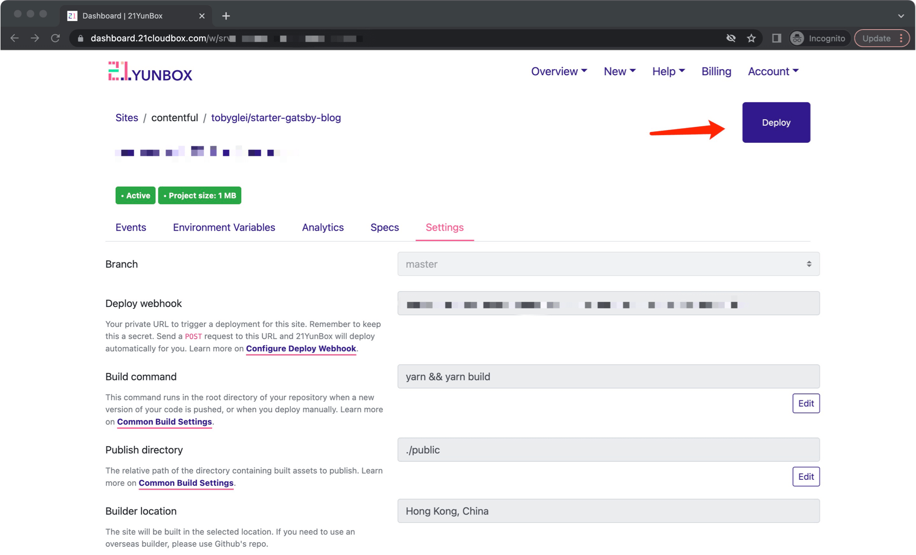 Press the purple deploy button on 21YunBox to publish new content from Contentful