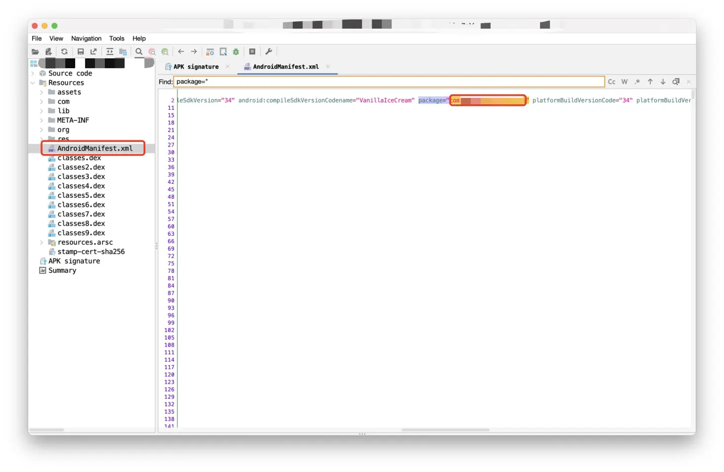 Screenshot demonstrating how to find the app's package name within the AndroidManifest.xml file using JadxGUI.