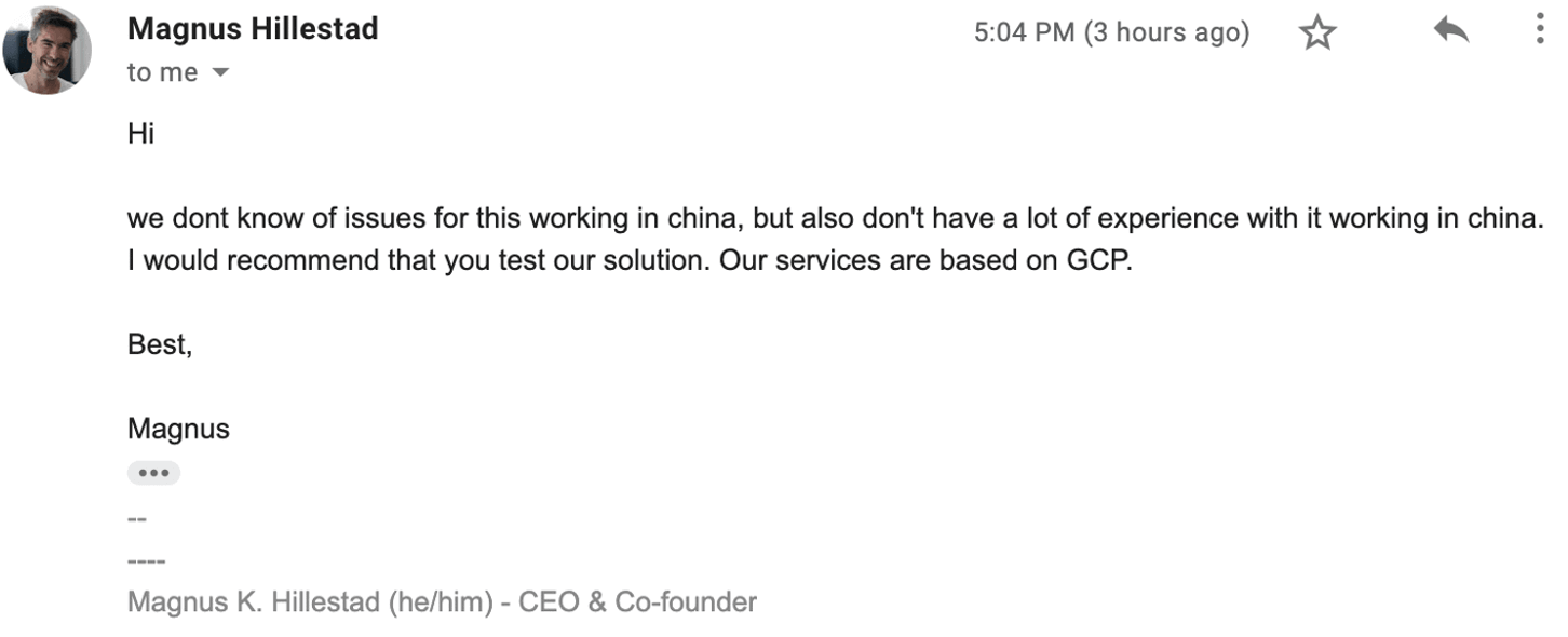 Sanity's response to their service working in China